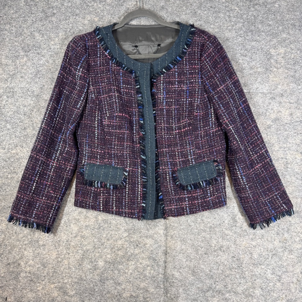 Trina Turk Tweed Jacket Multicolor Fringe Size 12 Career Chic Blazer Quiet Luxe - Picture 2 of 16